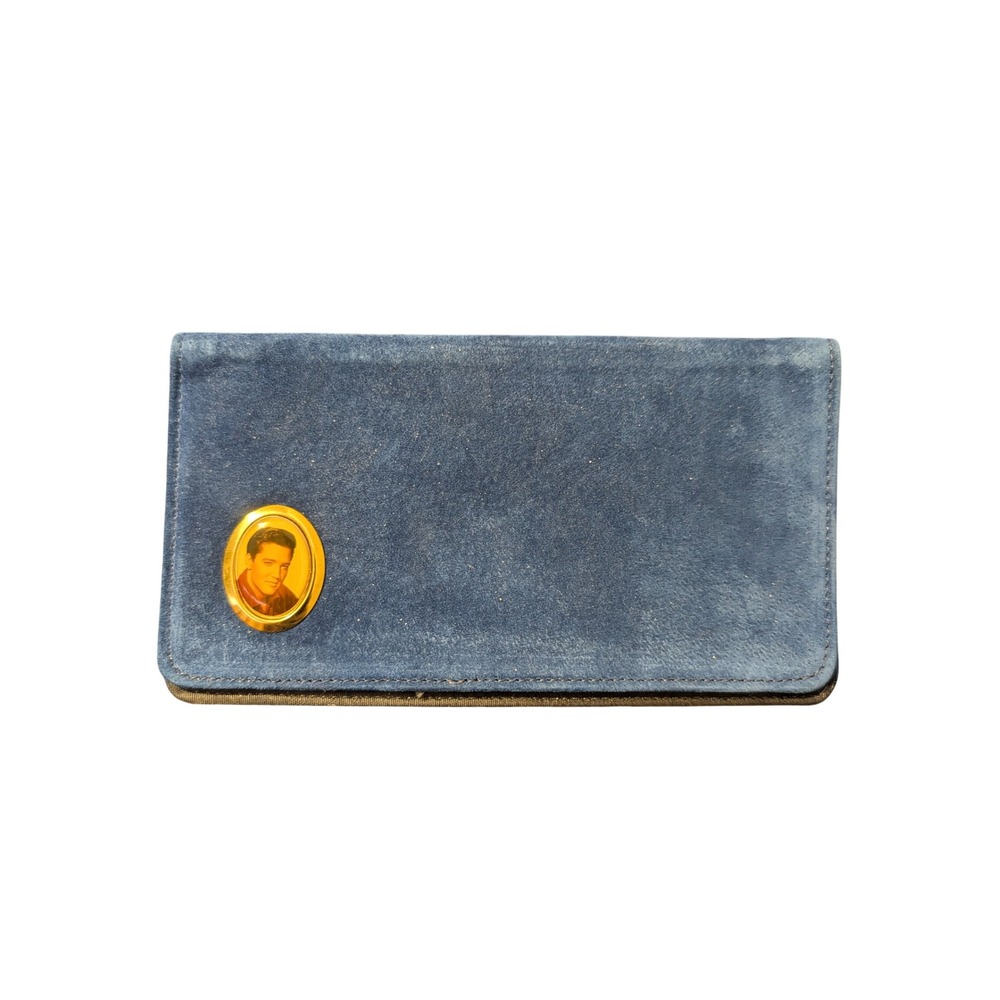 Vintage 1995 Elvis Presley Blue Suede Checkbook Cover Gold Portrait Medallion
